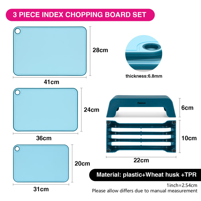 Set of 3 Chopping Boards 41x28 cm. 36x24 cm. 31x20 cm With Holder Blue (Plastic+ TPR)