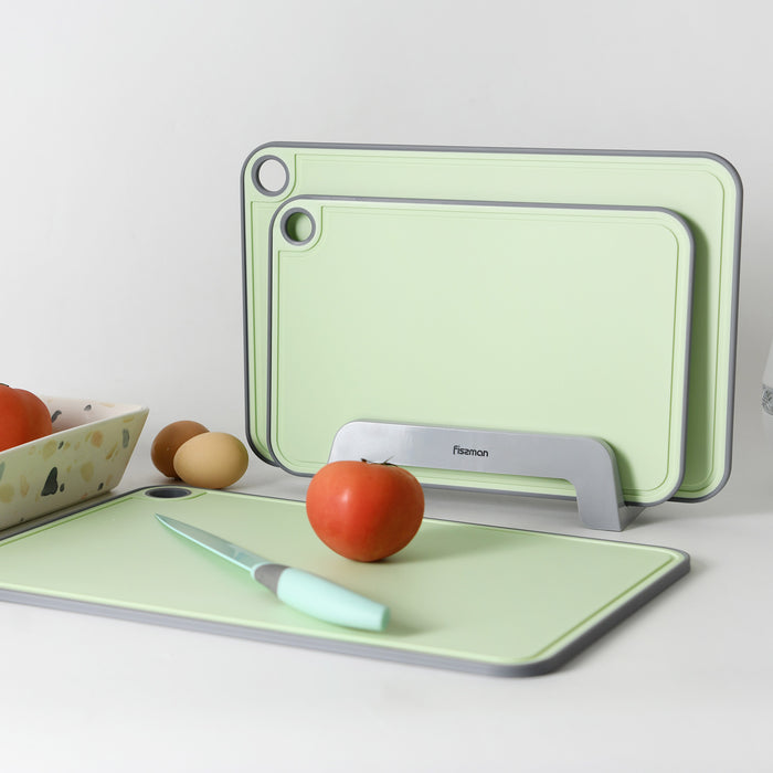 Set of 3 Chopping Boards 41x28 cm. 36x24 cm. 31x20 cm With Holder Green (Plastic+ TPR)