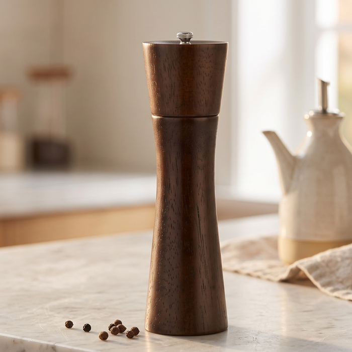 Salt and Pepper Mill 21x6cm Flat Top Rook Shape Dark Brown Wooden Style