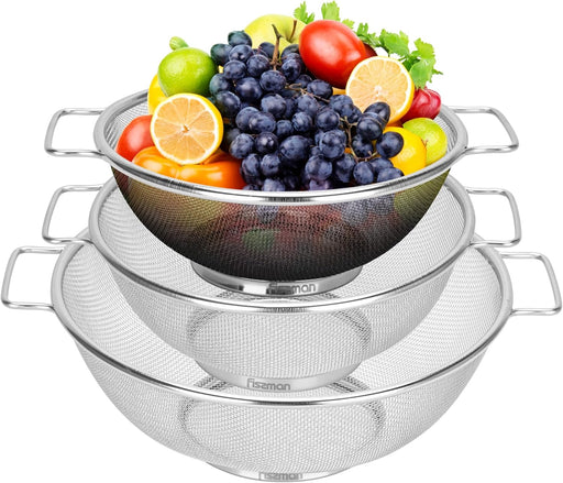 Strainer Sets with Resting Base - 20cm, 22cm, 26cm - Stainless Steel Colander Strainer with Handle