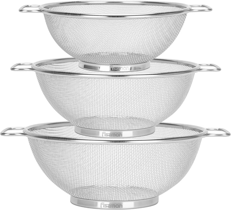 Strainer Sets with Resting Base - 20cm, 22cm, 26cm - Stainless Steel Colander Strainer with Handle