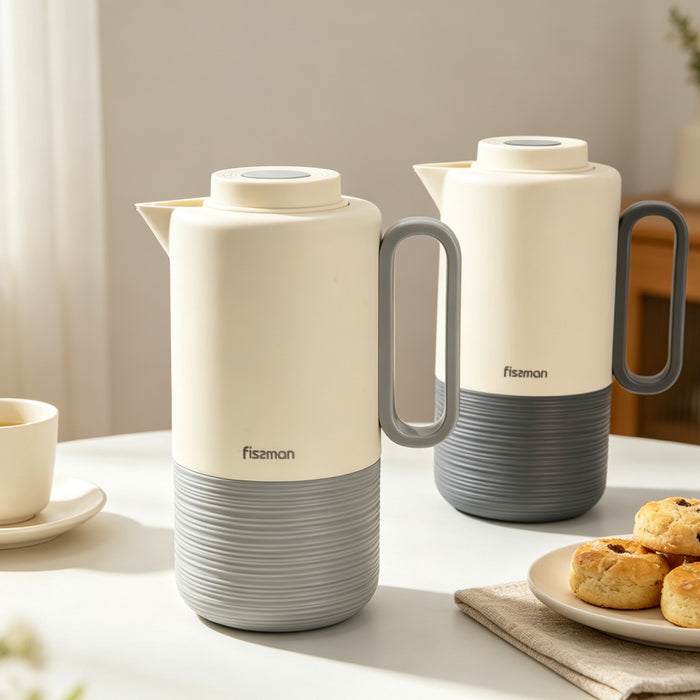 Vacuum Insulated Jug 1000mL, Insulated Flask, Modern Dallah, Plastic Body Case With  Glass Liner LIGHT GRAY
