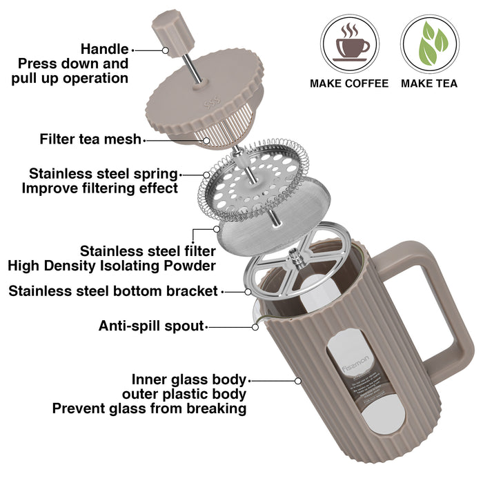 French Press Coffee and Tea Maker 600mL, Heat Resistant Borosilicate Glass Stainless Steel