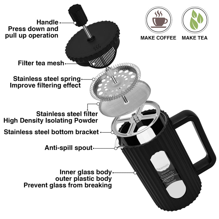 French Press Coffee and Tea Maker 600mL, Heat Resistant Borosilicate Glass Stainless Steel