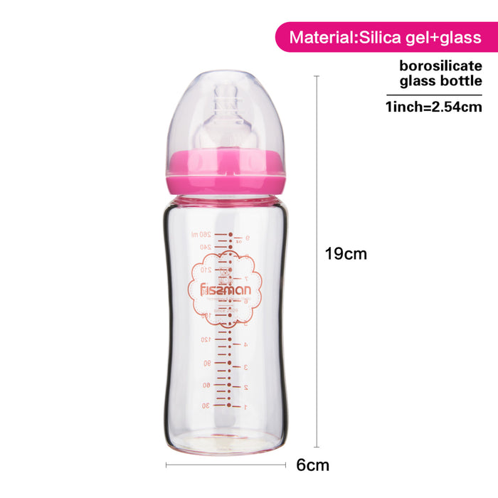 Pink Feeding bottle with wide neck 260 ml (borosilicate glass)