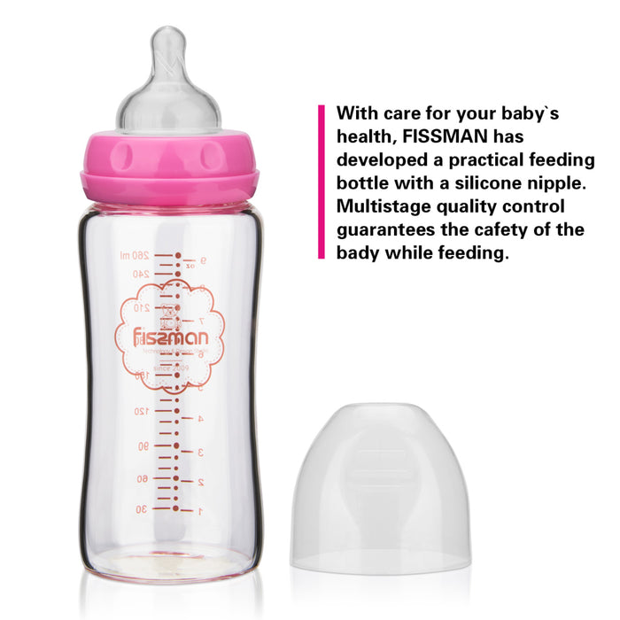 Pink Feeding bottle with wide neck 260 ml (borosilicate glass)