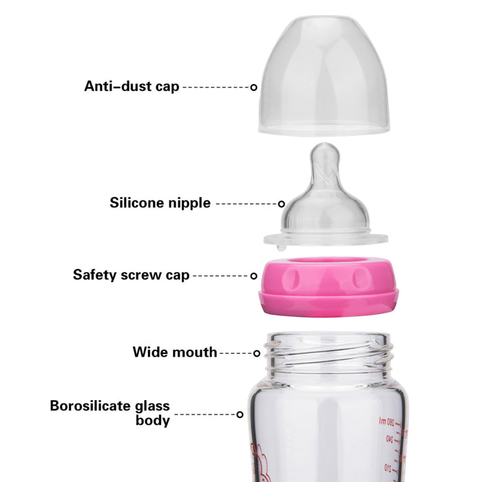 Borosilicate Glass Feeding Bottle With Wide Neck 260ml - Pink