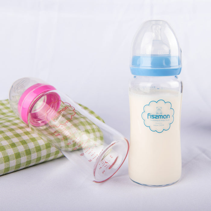 Pink Feeding bottle with wide neck 260 ml (borosilicate glass)