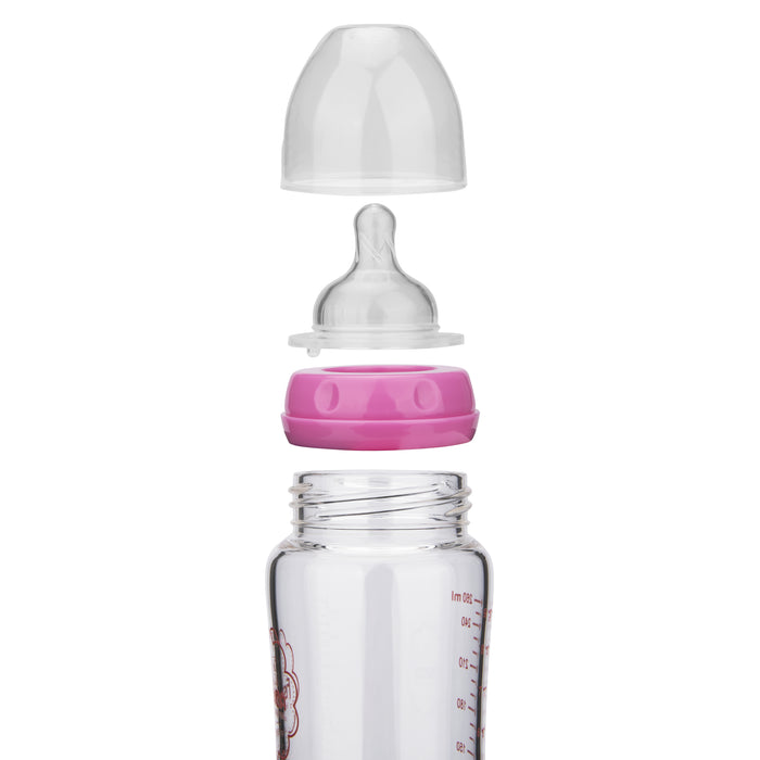 Pink Feeding bottle with wide neck 260 ml (borosilicate glass)