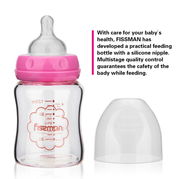 Feeding Bottle 120 ml Borosilicate Glass Pink 3+ Months Number 2 Nipple