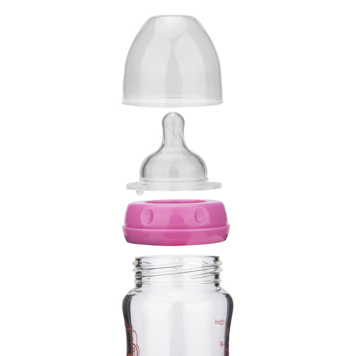 Feeding Bottle 120 ml Borosilicate Glass Pink 3+ Months Number 2 Nipple