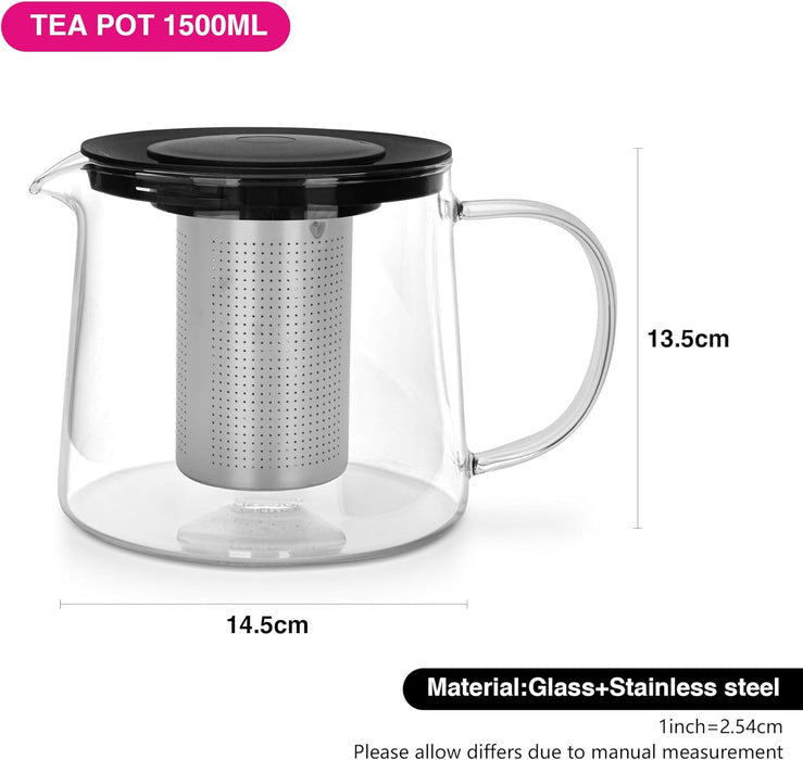 Tea Pot 1500ml with Stainless Steel Filter Borosilicate Glass