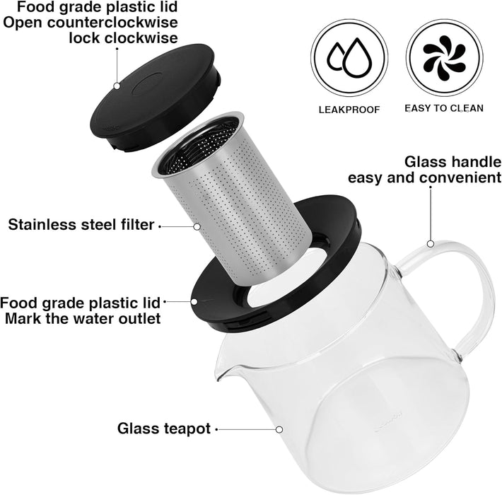 Tea Pot 1500ml with Stainless Steel Filter Borosilicate Glass