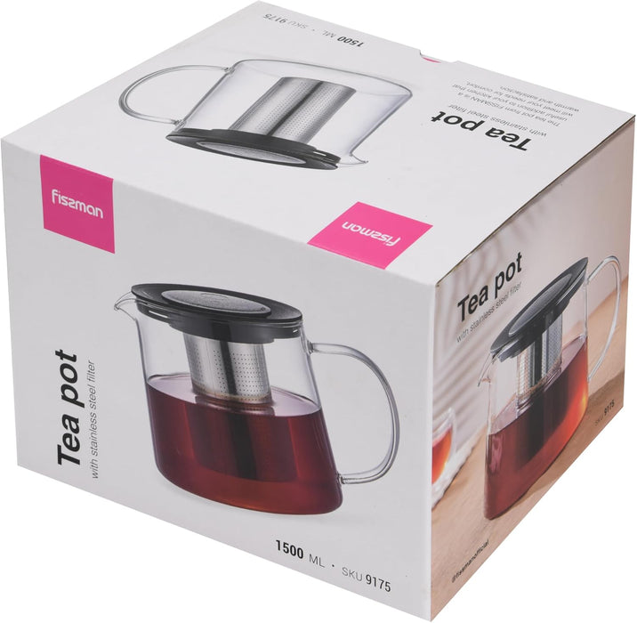 Tea Pot 1500ml with Stainless Steel Filter Borosilicate Glass