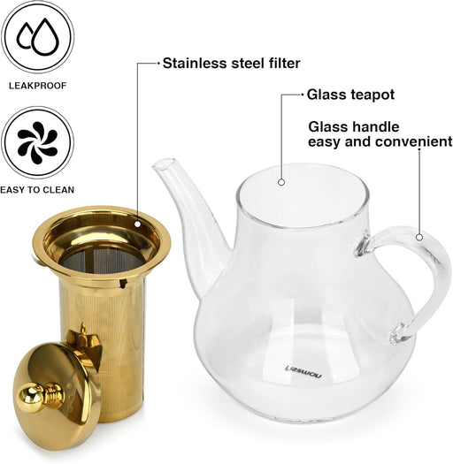 Tea Pot 1200ml with Stainless Steel Filter Borosilicate Glass