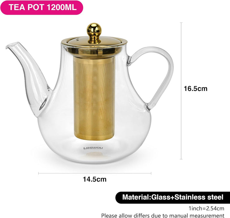 Tea Pot 1200ml with Stainless Steel Filter Borosilicate Glass