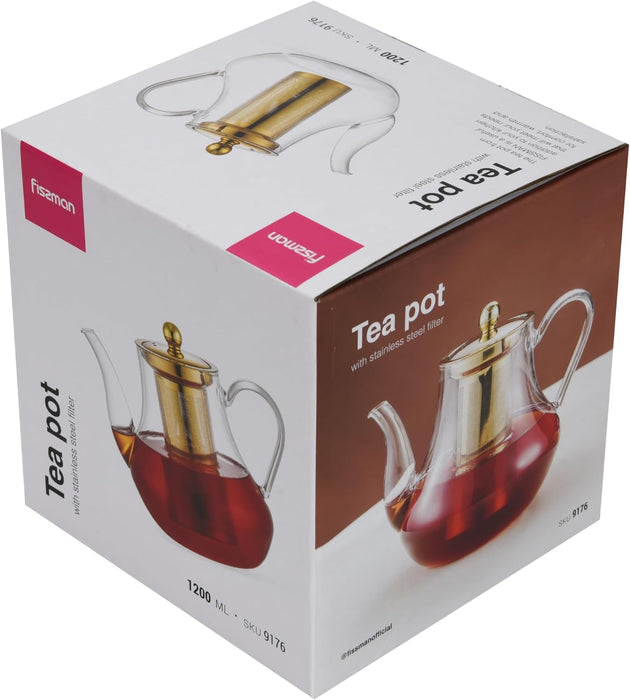 Tea Pot 1200ml with Stainless Steel Filter Borosilicate Glass