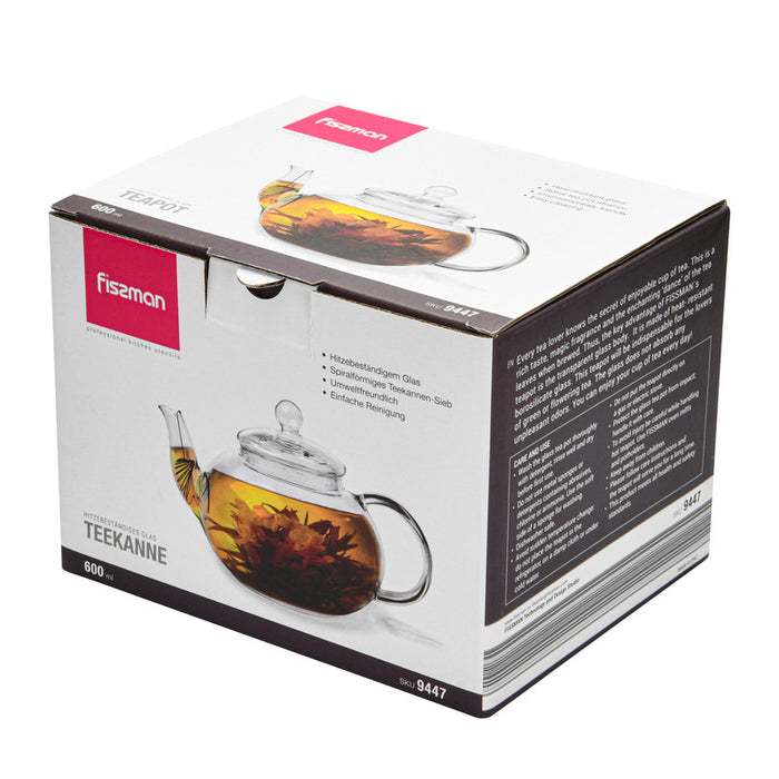 Glass Tea Pot 600ml with Heat Resistant Pot with Removable Steel Infuser and Lid