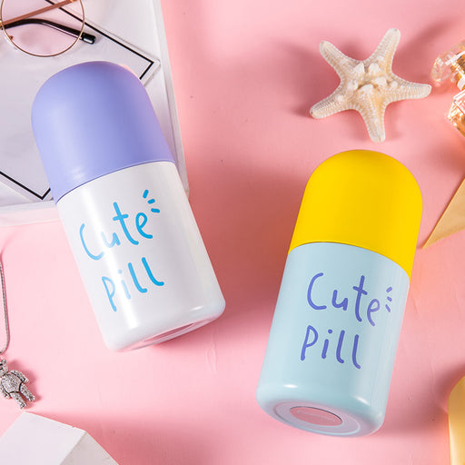 Double Wall Cute Pill Vacuum Bottle Stainless Steel (White And Blue) 350ml