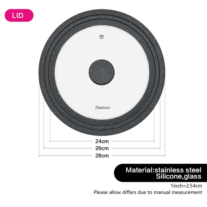 Universal Glass Lid  - Multi-Size lid Triplex 24/26/28 cm with Dark Grey Marble Silicone Rim