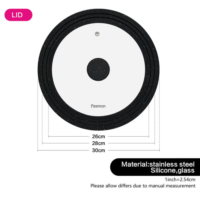 غطاء متعدد الأحجام تريبلكس 26/28/30 سم مع حافة سيليكون رخامي سوداء (زجاج)