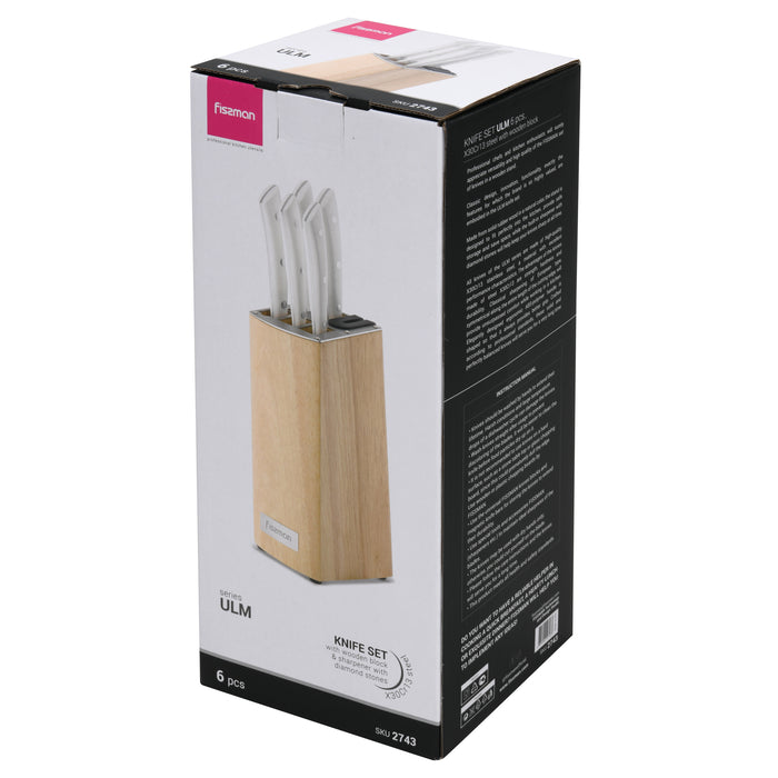 6-Piece Knife Set ULM Series with Wooden Block with Buitl-In Sharpener X30Cr13 Steel, Chef Knife 20cm, Slicing Knife 20cm, Bread Knife 20cm, Utility Knife 13cm, Pairing Knife 9cm