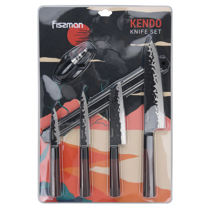 6-Piece Knife Set Kendo Series X30Cr13 Steel, 8" Chef Knife, 5"5 Utility, 3.5 Pairing Knife, Magnet Bar, And Sharpener