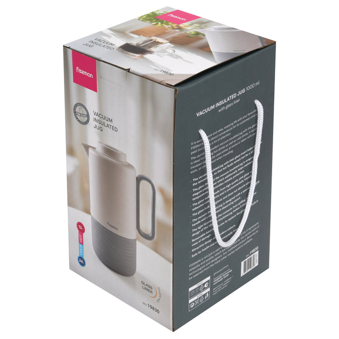 Vacuum Insulated Jug 1000mL, Insulated Flask, Modern Dallah, Plastic Body Case With  Glass Liner LIGHT GRAY