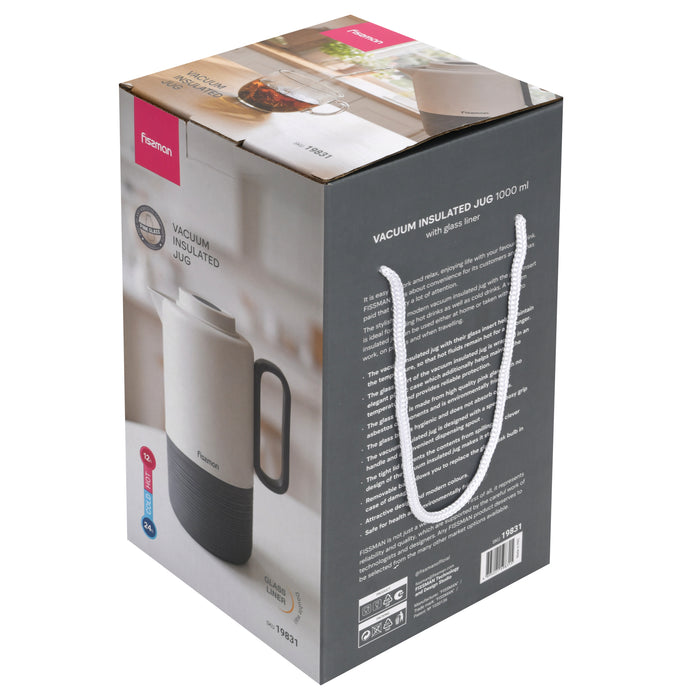 Vacuum Insulated Jug 1000mL, Insulated Flask, Modern Dallah, Plastic Body Case With  Glass Liner DARK GRAY