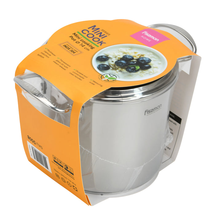 Cooking Pot 1.9L with Glass Lid, Stainless Steel Stockpot 14x12.5cm Mini Cook Series
