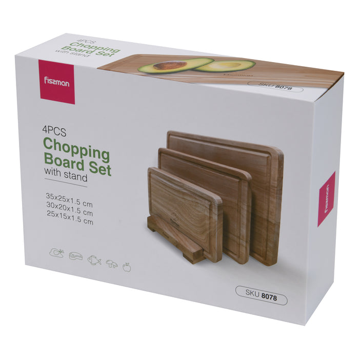 3-Piece Cutting Boards 35cm, 30cm, 25cm With Stand Rubber Wood