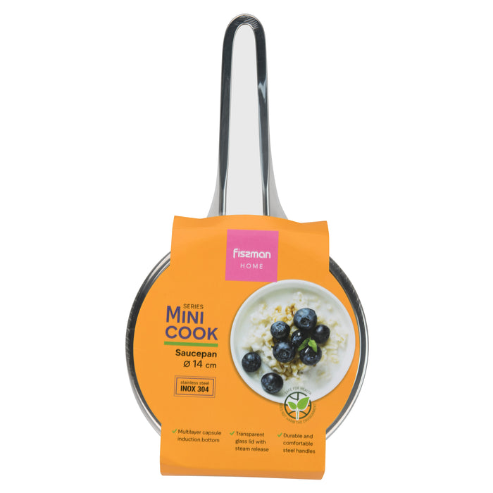 Saucepan 0.9L with Glass Lid, Stainless Steel Saucepan 14x6.5cm Mini Cook Series