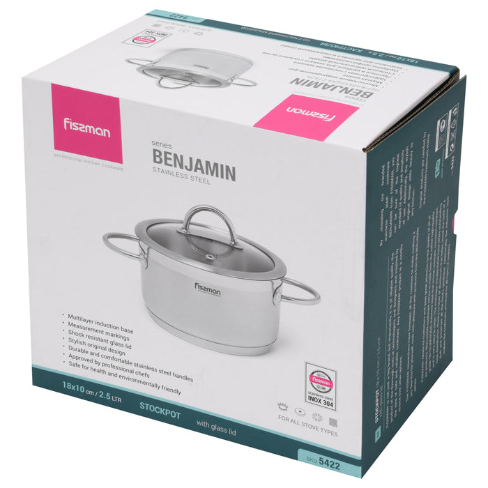 Casserole 18cm With Glass Lid Benjamin Series Stainless Steel