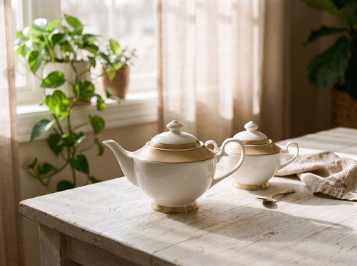 Fissman Teapot and Sugar Bowl Set, Porcelain Tea Set Versailles Series | 1350mL Teapot with 500mL Sugar Bowl | Elegant Textured Golden Design | Tea or Coffee Serving Set with Lid