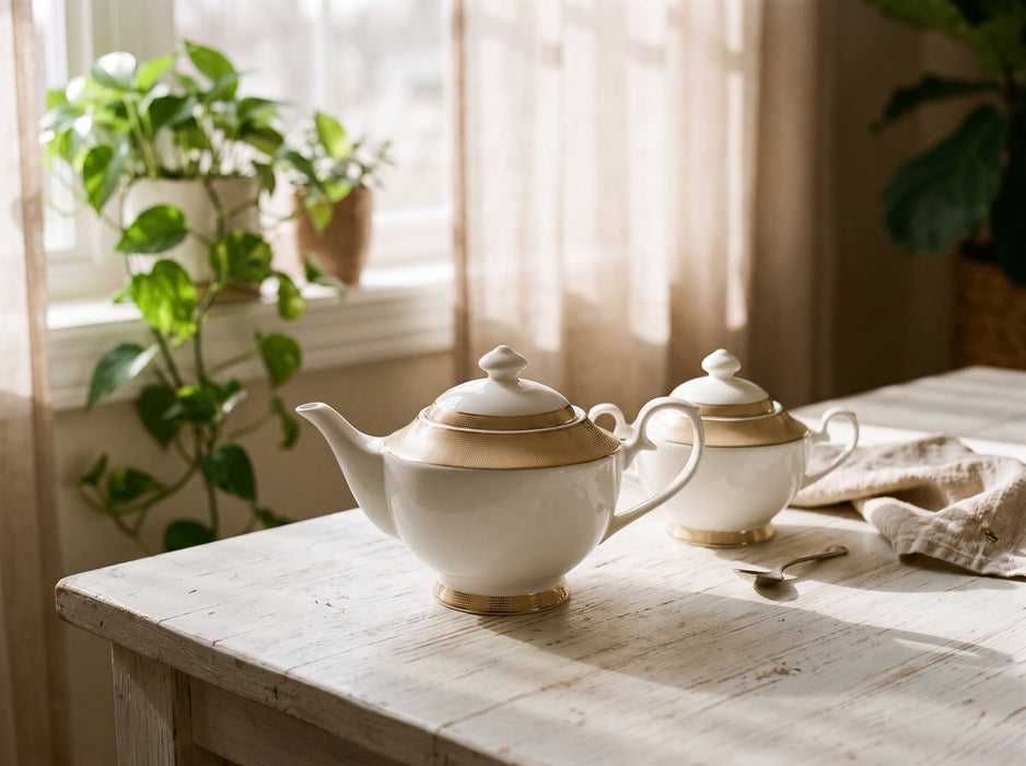 Fissman Teapot and Sugar Bowl Set, Porcelain Tea Set Versailles Series | 1350mL Teapot with 500mL Sugar Bowl | Elegant Textured Golden Design | Tea or Coffee Serving Set with Lid