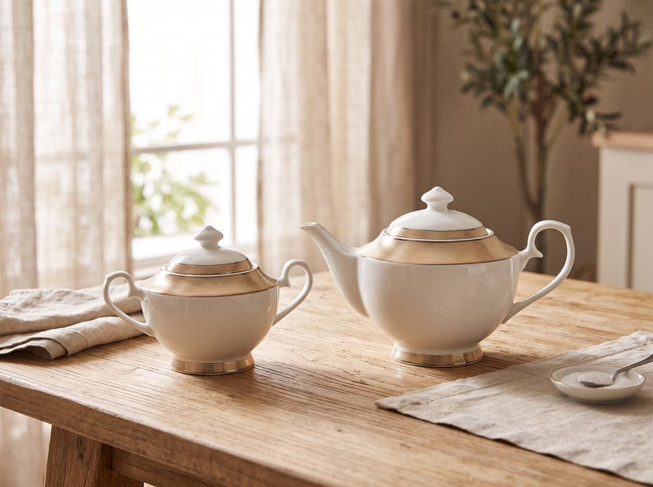 Fissman Teapot and Sugar Bowl Set, Porcelain Tea Set Versailles Series | 1350mL Teapot with 500mL Sugar Bowl | Elegant Textured Golden Design | Tea or Coffee Serving Set with Lid