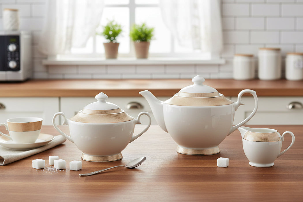 Fissman Teapot and Sugar Bowl Set, Porcelain Tea Set Versailles Series | 1350mL Teapot with 500mL Sugar Bowl | Elegant Textured Golden Design | Tea or Coffee Serving Set with Lid