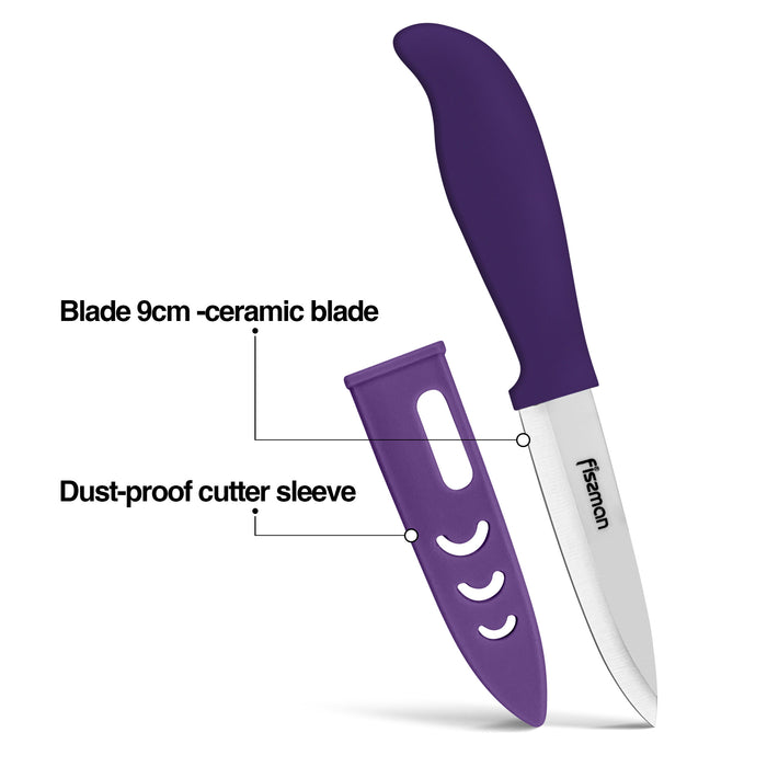 4" Ceramic Paring Knife with Sheath, White Blade Peeling Knife | Ultra-Sharp Paring Knife for Meat, Fruits, Vegetables (Purple)