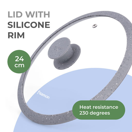 Glass Lid 24cm with Silicone Rim for Pans, Pots, Skillets, Transparent Glass Lid