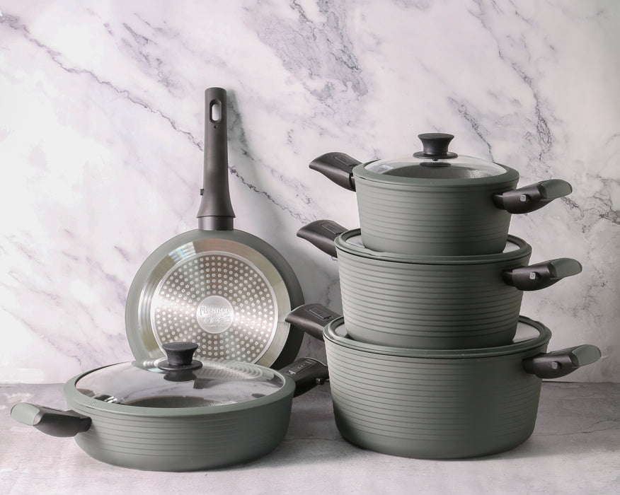 Fissman 9 Pcs Cookware Set - Non Stick Aluminium with Detachable Handles - Oven Safe XylanPlus Coating, Casserole, Frying Pan, Shallow Pot