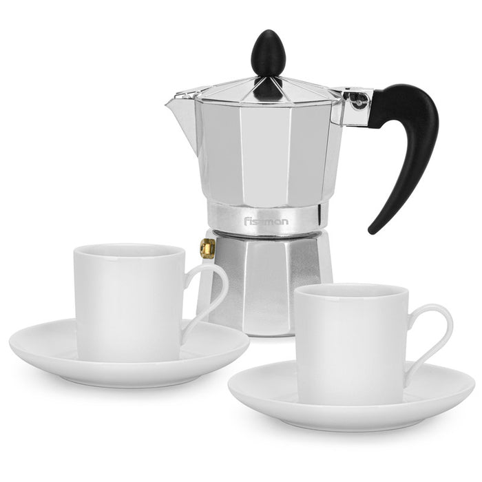 Set Of Coffee Maker For 2 Cups/120ml (Aluminium) And 2 Ceramic Cups With 2 Saucers