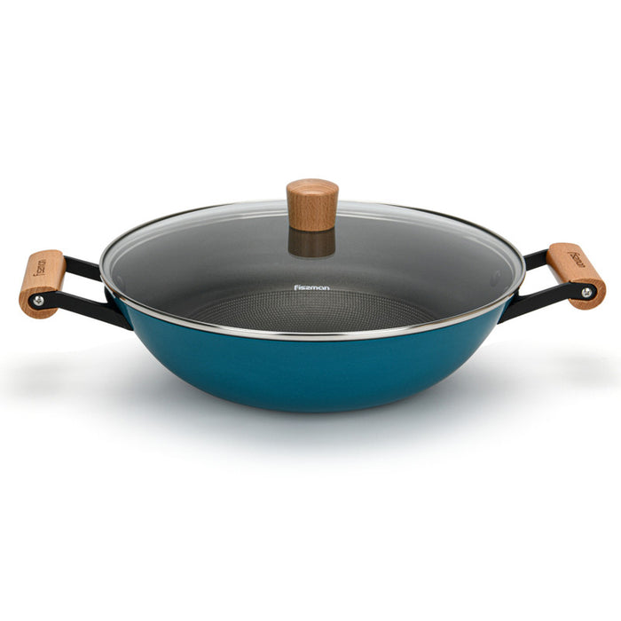 Wok SEAGREEN 32x9.2cm/5L with Glass Lid Enamelled Lightweight Cast Iron with Non-Stick Coating