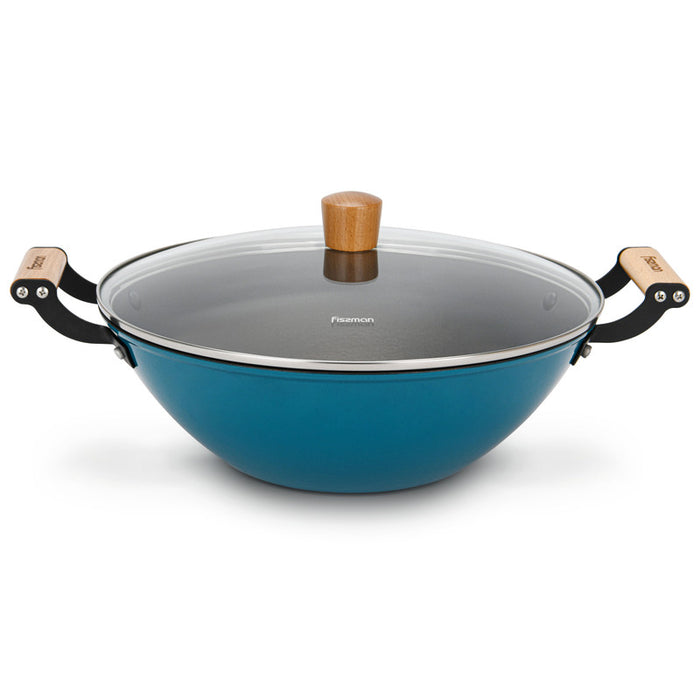 Enamelled Non-Stick Cast Iron Wok  32x10.5cm/5LTR With Glass Lid SEAGREEN