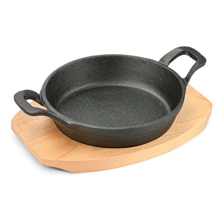 Pan 15x3.9cm with Two Side Handles On Wooden Tray Cast Iron Sizzling Plate