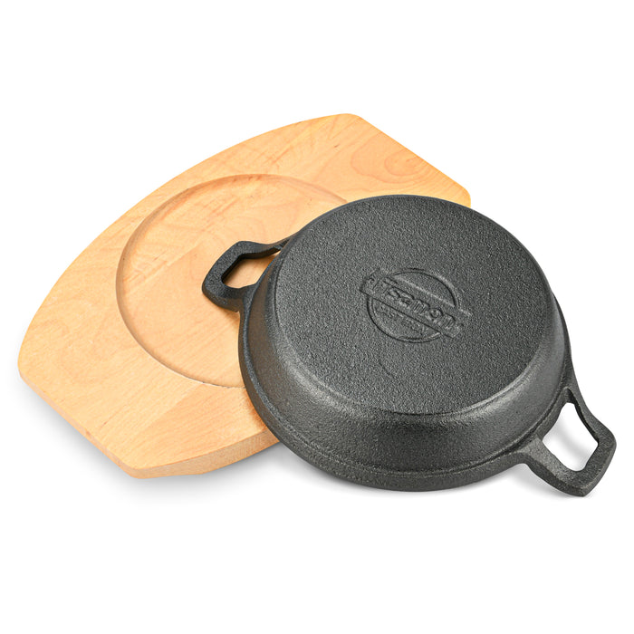 Pan 15x3.9 cm with two side handles on wooden tray (cast iron)