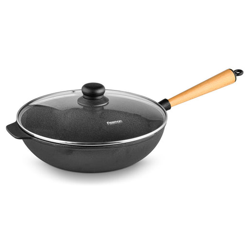 Wok 30x8.5cm/4LTR With Wooden Handle with Glass Lid Cast Iron Black