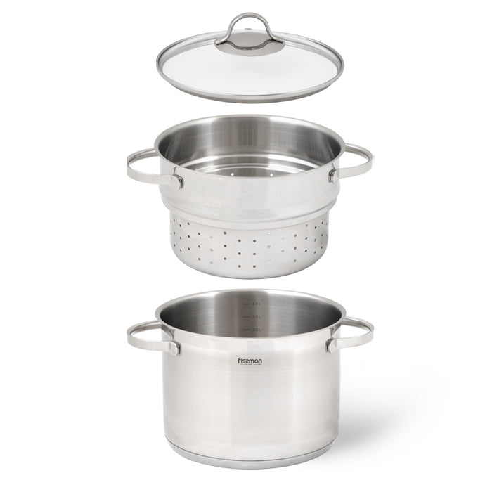 Stockpot GABRIELA 20x14.5 cm  4.5 LTR with glass lid and steamer insert (stainless steel)