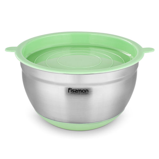 4.5-Liter Mixing Bowl Stainless Steel 18/10 (INOX 304) Stackable Space Saving Design With Non Slip Silicone Base And Green Lid Silver/Green 24х13.5cm