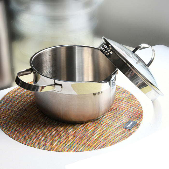 CALLISTO StockPot  24x11.5cm/5.0L with Glass Lid Pouring Lip andLid Strainer Stainless Steel