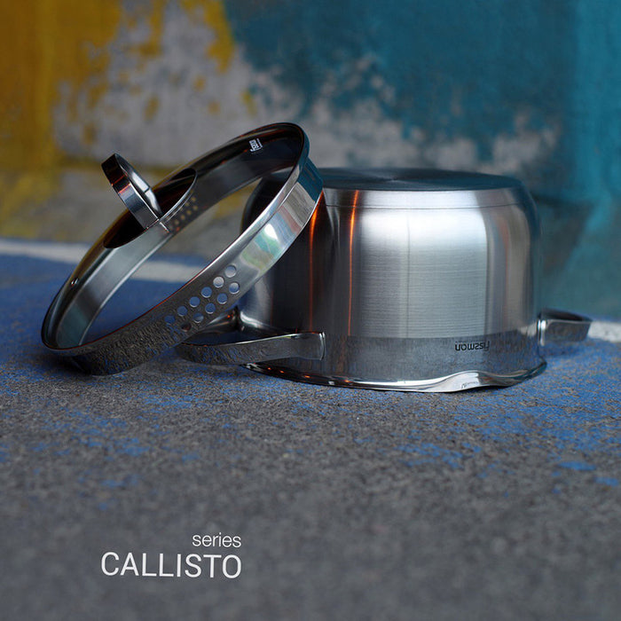 CALLISTO StockPot  24x11.5cm/5.0L with Glass Lid Pouring Lip andLid Strainer Stainless Steel